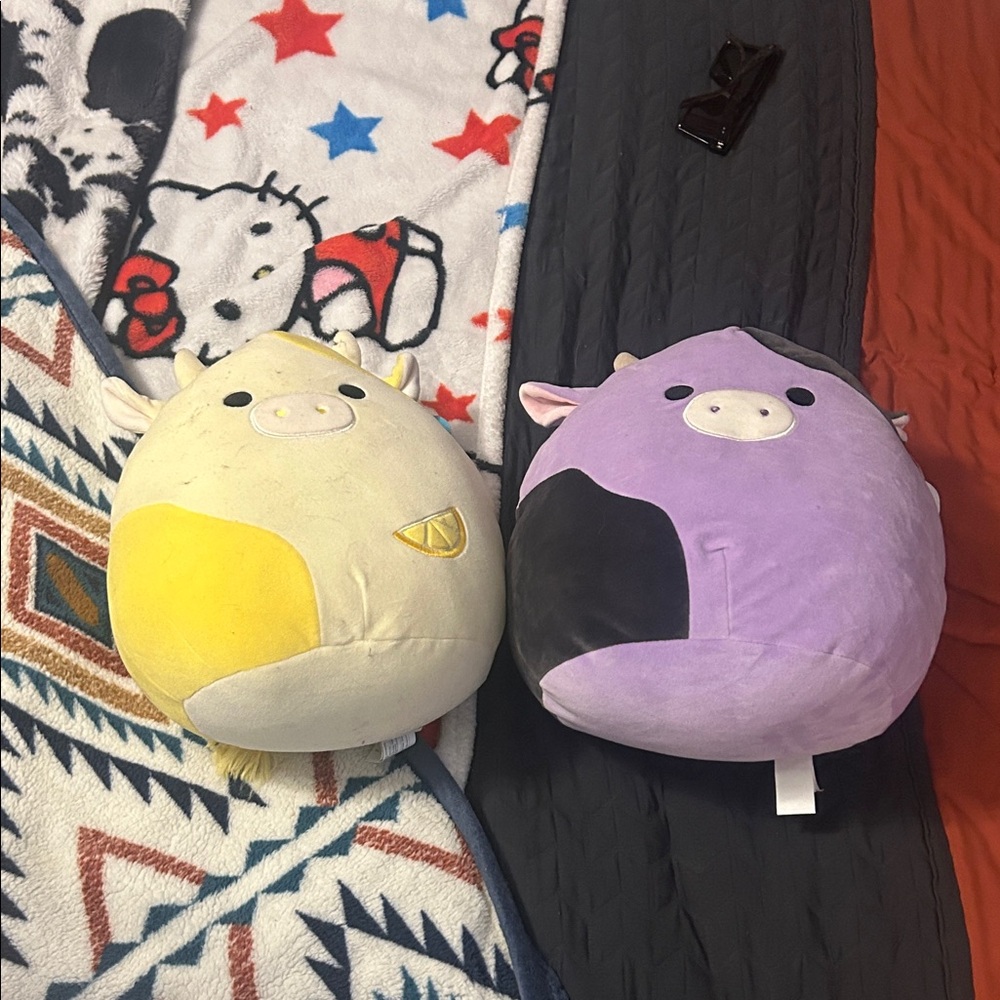 Squishmallows Bundle Yellow and Purple Cow Plush Toys 14 Inch and 12 Inch